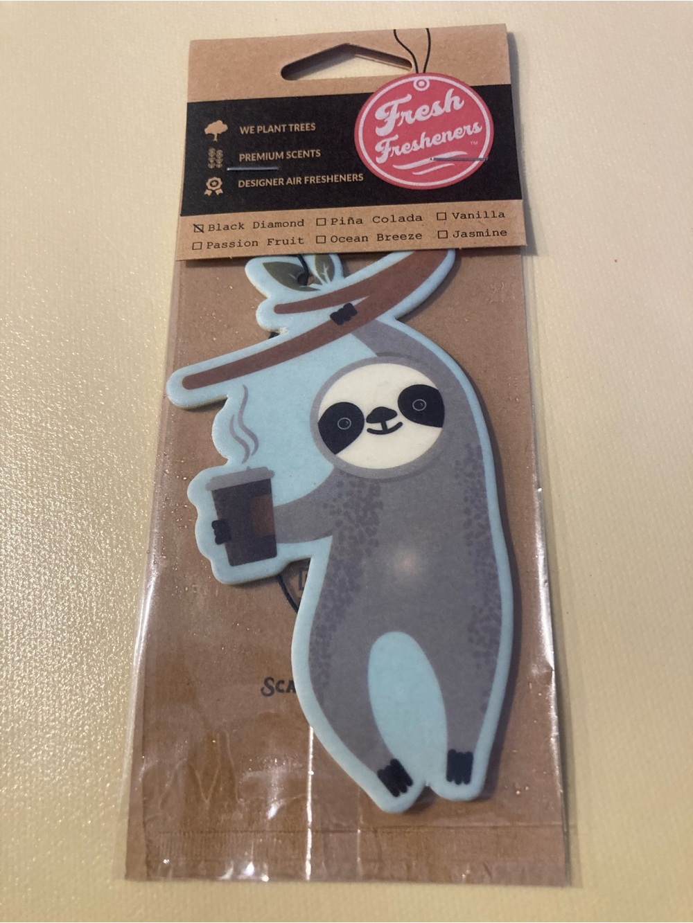 Black Diamond Sloth Car Air Freshener in Gray and Light Blue